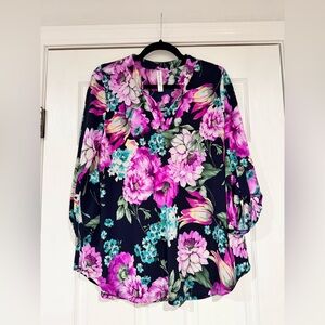 Purple Floral Blouse with Mandarin Collar